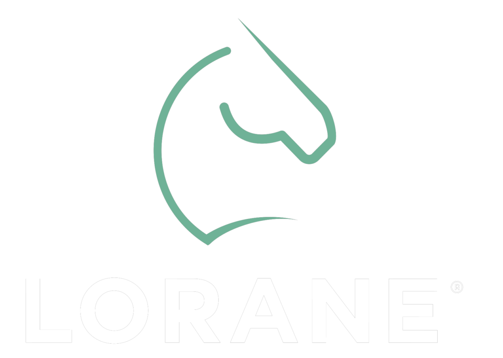 Logo de la marque Lorane. L'image représente le contour en trait vert de la tête d'un cheval ainsi que son encolure. En dessous, est inscrit le nom de la marque "Lorane".