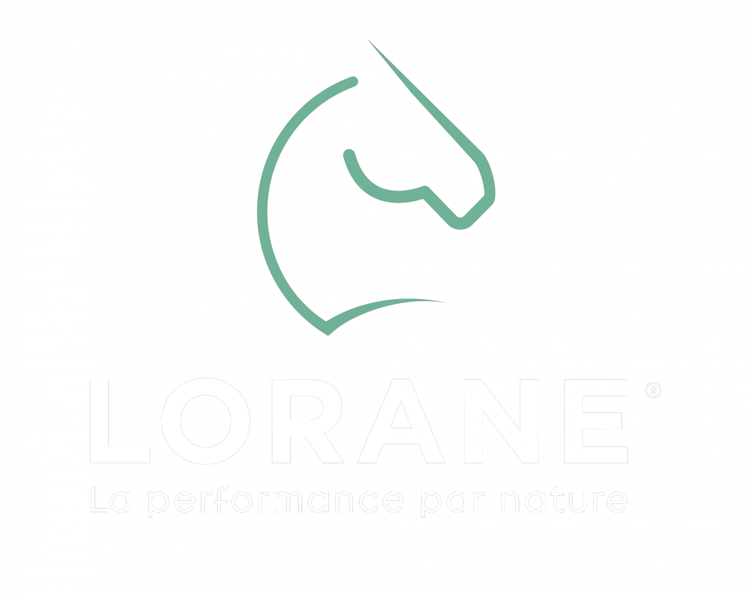 Logo de la marque Lorane. L'image représente le contour en trait vert de la tête d'un cheval ainsi que son encolure. En dessous, est inscrit le nom de la marque "Lorane" ainsi que le slogan "La performance par nature" en couleur blanc